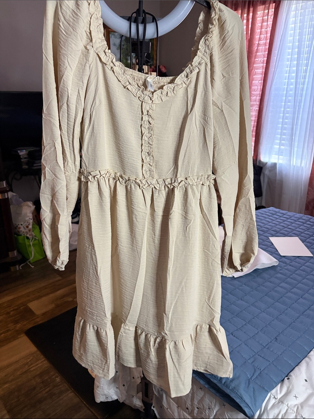 Girls' Cream Long Sleeve Ruffle Hem Dress
